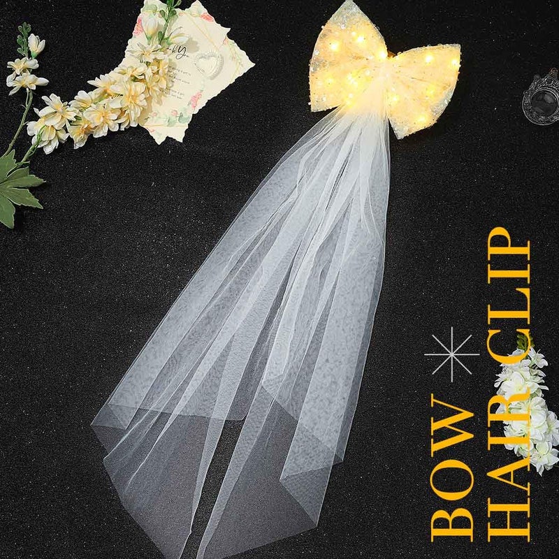 JONKY Light up Bow Wedding Veil Bridal White Sequin Bachelorette Party Hair Clip for Women(Style5) - Image 2